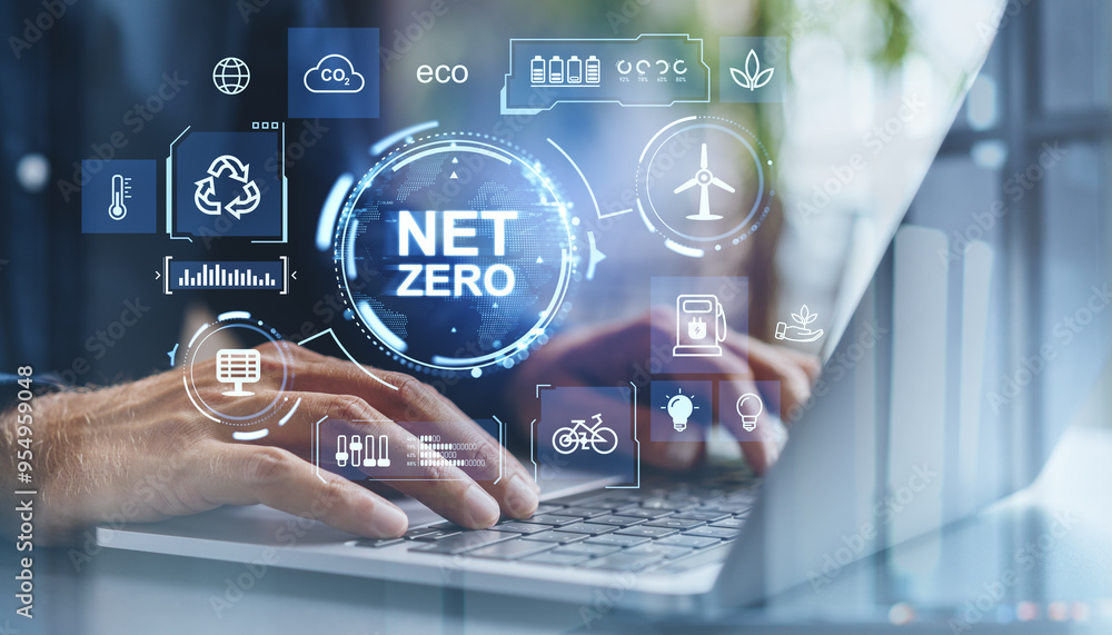 Net zero concept with holographic icons on a laptop screen promoting green energy and eco-friendly practices. Net zero concept with holographic icons on a laptop screen promoting green energy and eco-friendly practices.