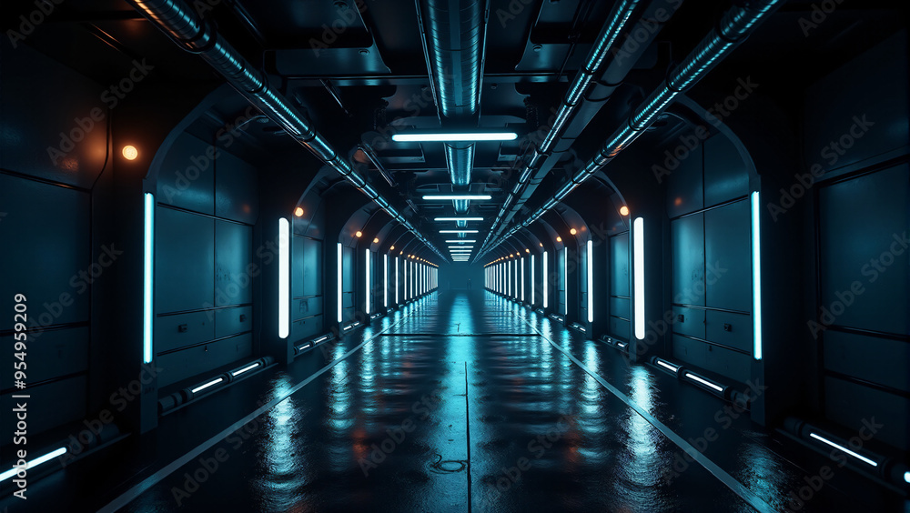 360-Degree Panoramic View of a Dark Tunnel with Laser Lights and Neon Glow in a Futuristic Cyber Hangar 360-Degree Panoramic View of a Dark Tunnel with Laser Lights and Neon Glow in a Futuristic Cyber Hangar