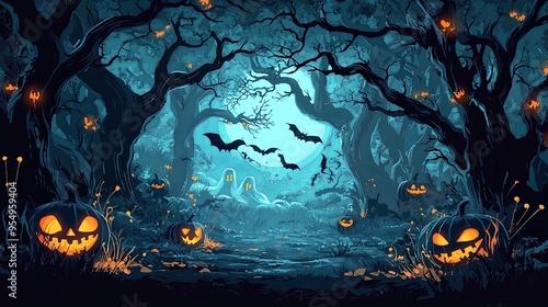 A nighttime spooky forest scene filled with carved jack-o'-lanterns, a ghost, and numerous bats flying around. The setting is eerie and fits perfectly with the Halloween theme.