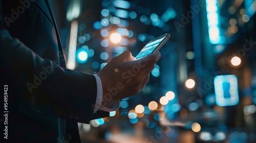 Businessman hand navigating mobile banking app digital wallet screen glowing