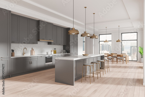 Home kitchen interior with counter, eating table and cabinet. Panoramic window