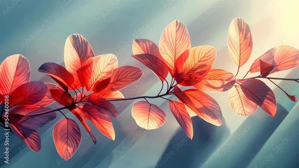 Branch with red leaves casting shadows in soft sunlight Branch with red leaves casting shadows in soft sunlight