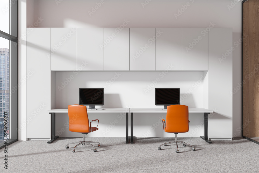 Office coworking interior with pc monitors and chairs, panoramic window Office coworking interior with pc monitors and chairs, panoramic window