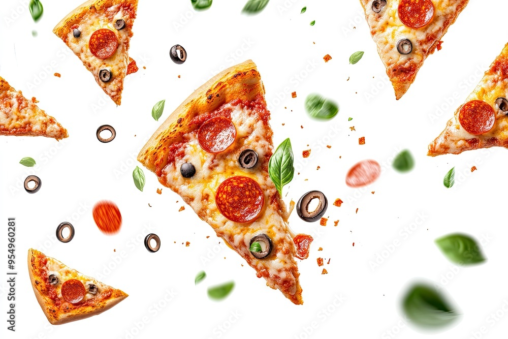 Pizza slices flying, isolated on white background. Delicious peperoni pizza slices pepperonis and olives, floating pizza pieces with melting cheese with basil leaves flying. Italian style pizza, ai Pizza slices flying, isolated on white background. Delicious peperoni pizza slices pepperonis and olives, floating pizza pieces with melting cheese with basil leaves flying. Italian style pizza, ai