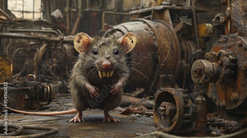 Highly Detailed and Scary Illustration of an Ugly Rat with Exaggerated Features, Including Patchy Fur, Crooked Teeth, and a Sinister Expression