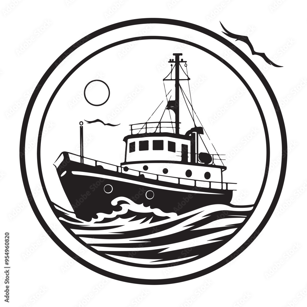 Maritime Ship Black and White Vector Graphic Circular Design Against White Background Maritime Ship Black and White Vector Graphic Circular Design Against White Background