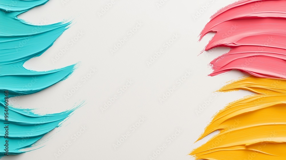 Fototapeta premium A colorful painting with blue, pink, and yellow paint. The painting is abstract and has a lot of texture