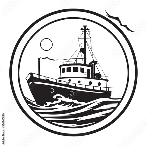 Maritime Ship Black and White Vector Graphic Circular Design Against White Background