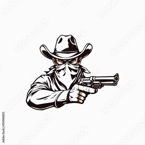 Cowboy with gun mascot logo. Cool bandit cowboy logo design, Western Gunslinger Bandit Wild West Cowboy Gangster with Bandana Scarf Mask