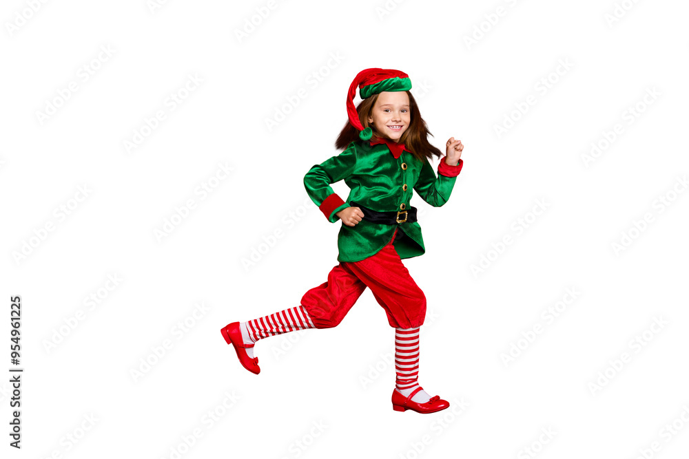 Full length body size view of nice attractive cheerful cheery funny small little pre-teen elf having fun wintertime tradition marathon isolated over bright vivid shine red background Full length body size view of nice attractive cheerful cheery funny small little pre-teen elf having fun wintertime tradition marathon isolated over bright vivid shine red background