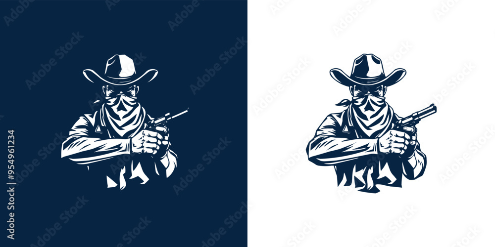 Cowboy with gun mascot logo. Cool bandit cowboy logo design, Western Gunslinger Bandit Wild West Cowboy Gangster with Bandana Scarf Mask Cowboy with gun mascot logo. Cool bandit cowboy logo design, Western Gunslinger Bandit Wild West Cowboy Gangster with Bandana Scarf Mask