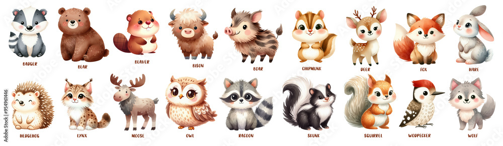 Fototapeta premium Cute Forest Animals Characters. Watercolor Illustration. Isolated on white background. 
