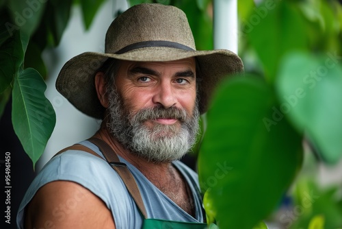 A man with a hat and beard is smiling. He is wearing a blue shirt and a green apron