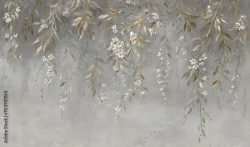 Wallpaper branches and flowers border on a gray grunge background. Floral mural wallpaper with a light simple gray background. Wallpaper floral desidn photo