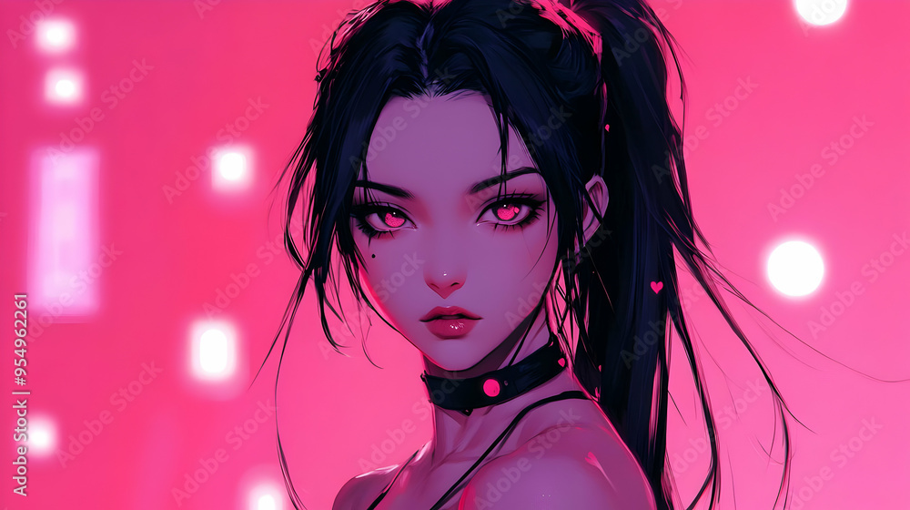 Anime Girl with Pink Eyes and Black Hair in a Pink Background with Bokeh Lights Abstract Background Animation Anime Girl with Pink Eyes and Black Hair in a Pink Background with Bokeh Lights Abstract Background Animation