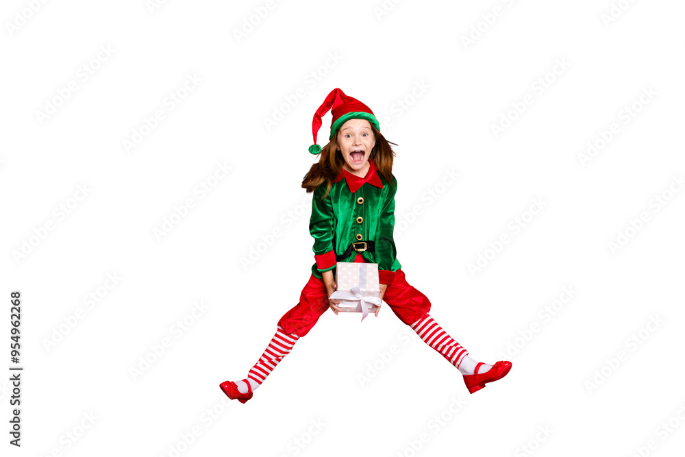 Full length body size profile side view of nice attractive cheerful positive overjoyed glad funny small little pre-teen elf holding in hands white box isolated over bright vivid shine red background Full length body size profile side view of nice attractive cheerful positive overjoyed glad funny small little pre-teen elf holding in hands white box isolated over bright vivid shine red background