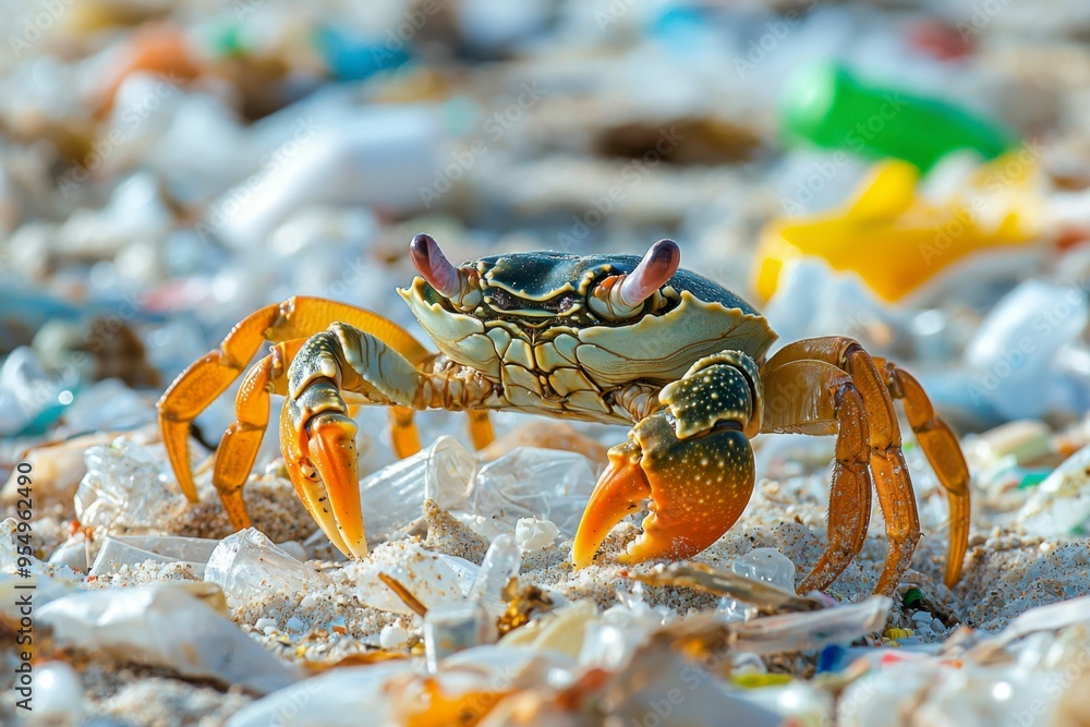 Crab Navigating Through Plastic Waste on a Beach Crab Navigating Through Plastic Waste on a Beach