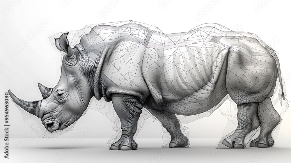 Obraz premium Wireframe rendering of a rhinoceros, a large mammal with a thick, grey hide and a large horn on its nose.