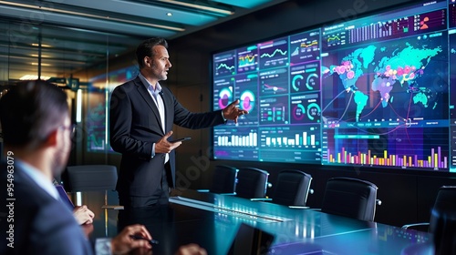 CEO presenting big data insights to stakeholders interactive digital wall displaying performance metrics