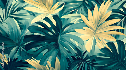 Tropical Leaf Pattern with a Vibrant Green and Yellow Color Palette - Abstract Background Design for Digital and Print Media