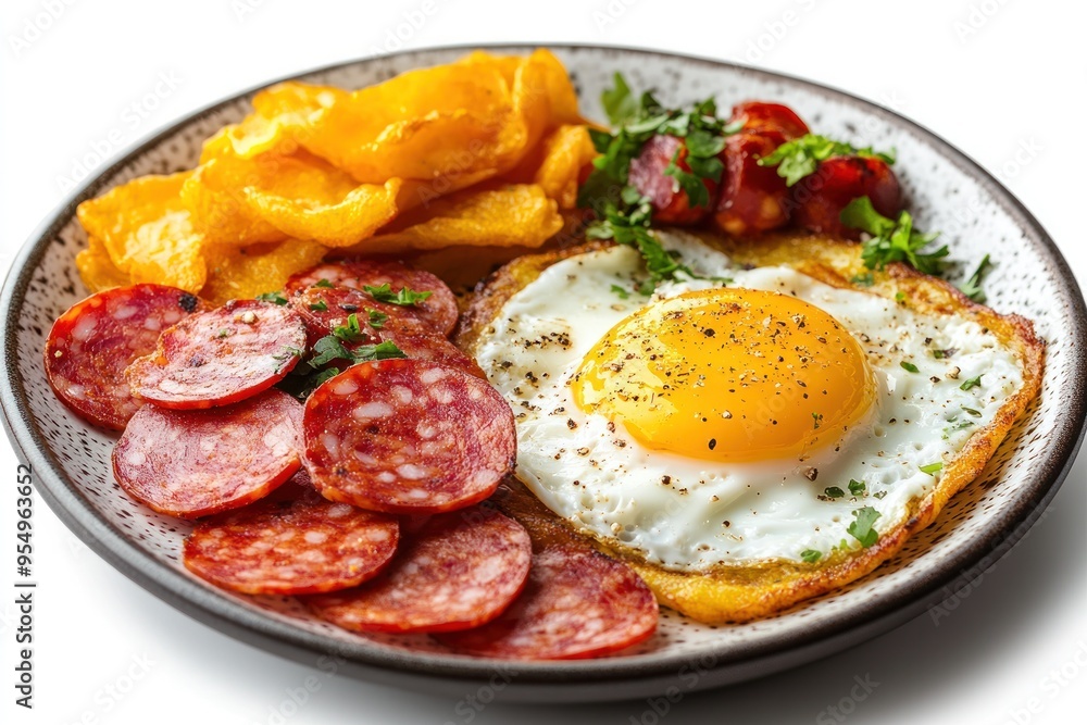 Fried Egg, Salami, and Potato Chips on a Plate Fried Egg, Salami, and Potato Chips on a Plate