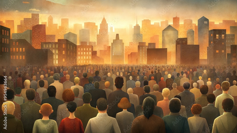 Obraz premium Anonymous Crowd in Urban Cityscape at Sunset