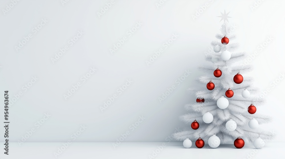 A white Christmas tree with red and white ornaments. The tree is the focal point of the image, and the white background emphasizes its beauty A white Christmas tree with red and white ornaments. The tree is the focal point of the image, and the white background emphasizes its beauty