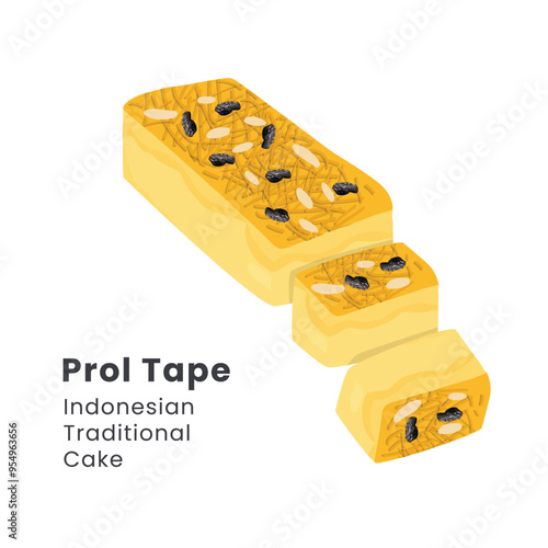 Hand drawn vector illustration of Prol Tape, a traditional Indonesian cake made from fermented cassava with wheat flour and eggs.