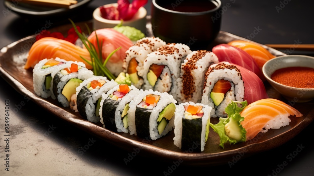 Big colorful sushi set on black background. Neural network ai generated art Big colorful sushi set on black background. Neural network ai generated art