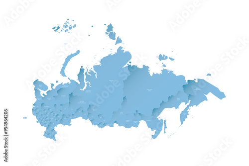 Russia political map of administrative divisions - oblasts, republics, autonomous okrugs, krais, autonomous oblast and 2 federal cities of Moscow and Saint Petersburg. Shaded vector map with 3D-like