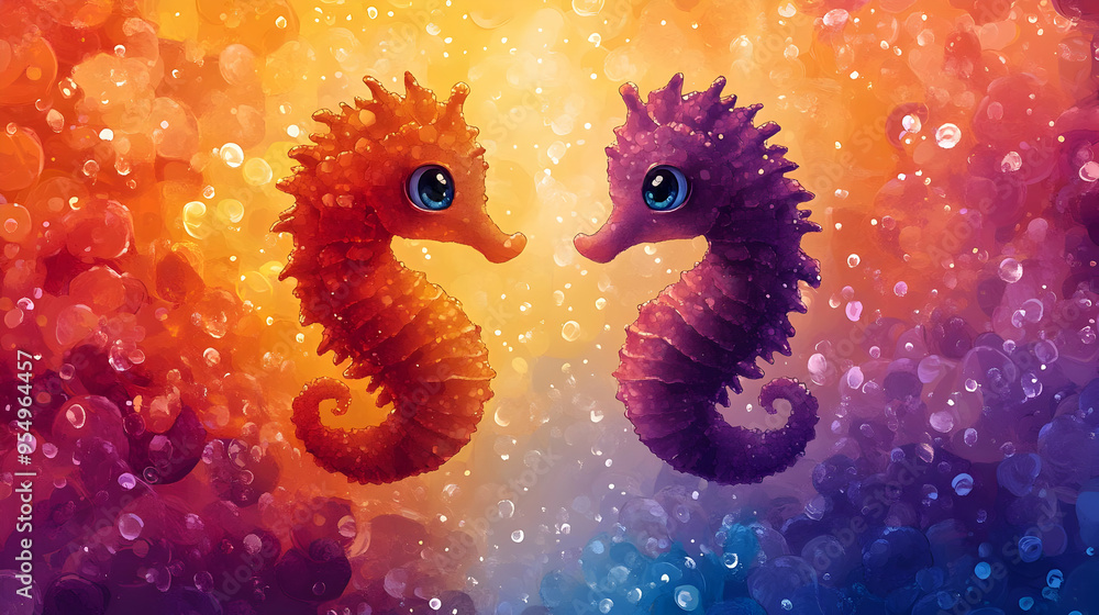 Two Seahorses with Big Eyes Looking at Each Other in a Colorful Underwater World Filled with Bubbles Two Seahorses with Big Eyes Looking at Each Other in a Colorful Underwater World Filled with Bubbles