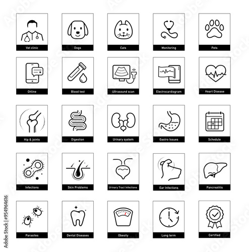 A set of icons for pets health, diseases. The outline icons are well scalable and editable. Contrasting elements are good for different backgrounds. EPS10.	