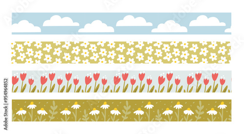 Nature seamless border, cute tape ornament with flowers, clouds and daisy pattern. Simple illustrations of masking tape for nature scrapbooking designs