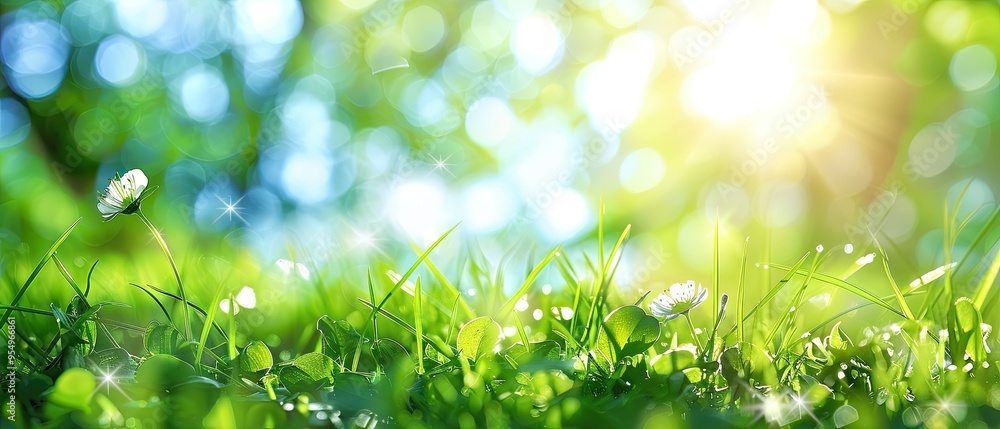 Obraz premium Sparkling Spring Meadow with Sunlight Filtering Through Green Leaves