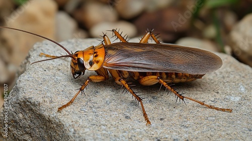 American cockroach standing on a stone surface photo