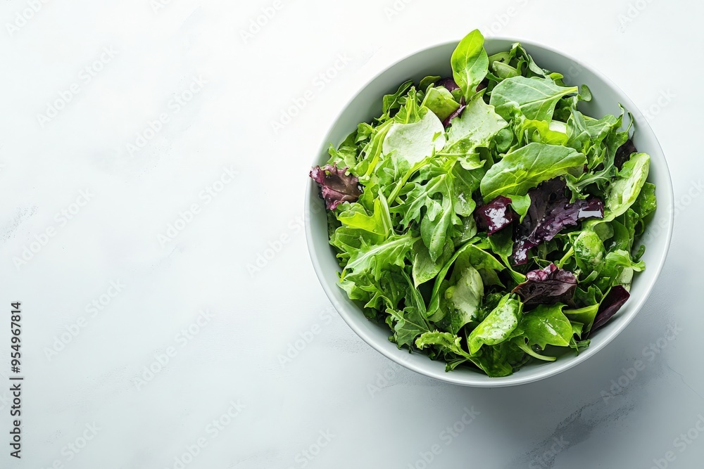 Healthy salad bowl with fresh greens, placed on a clean white table, minimal morning light, large blank space around, No logo, No Trademark, No text Healthy salad bowl with fresh greens, placed on a clean white table, minimal morning light, large blank space around, No logo, No Trademark, No text