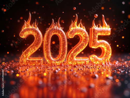 3D fiery volumetric letters 2025 symbol of the year. Generative AI