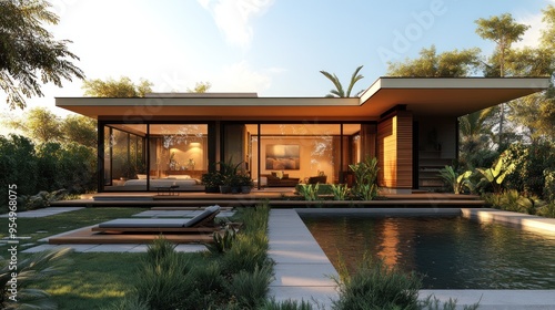 Modern house with large windows and pool surrounded by greenery.