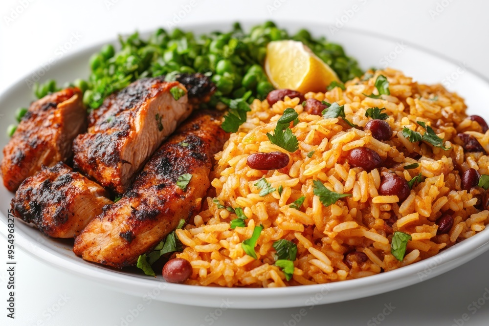 Grilled Chicken with Red Beans and Rice on a White Plate Grilled Chicken with Red Beans and Rice on a White Plate