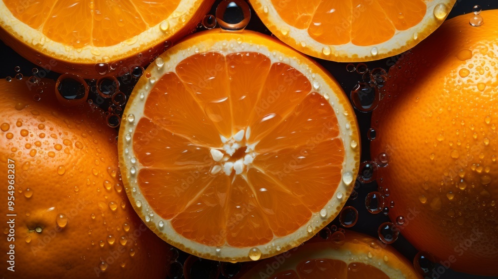 Creative fruits composition. Beautiful oranges whole and sliced glistering with dew water droplet. Neural network ai generated art Creative fruits composition. Beautiful oranges whole and sliced glistering with dew water droplet. Neural network ai generated art