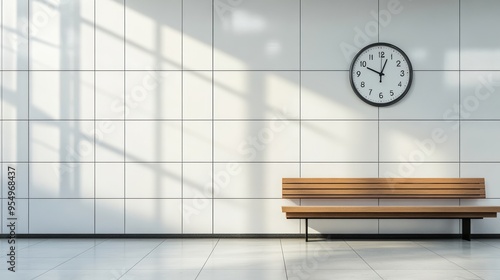 Fototapeta Naklejka Na Ścianę i Meble -  Minimal train station clock on a clean white wall, soft natural light, extensive blank space for text or design, No logo, No Trademark, No text
