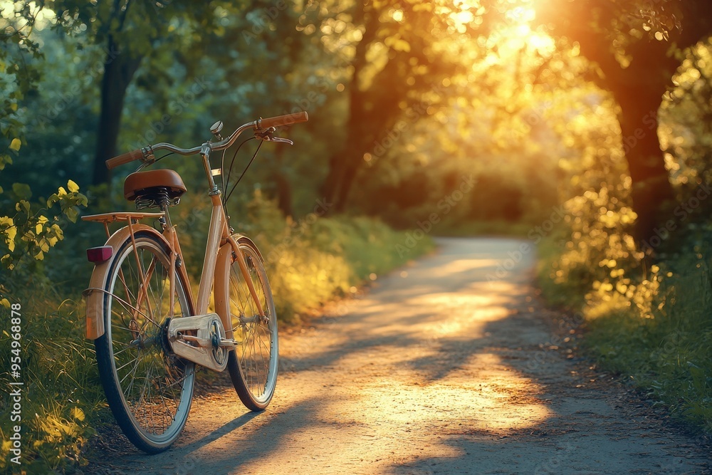 Fototapeta premium Simple family bicycle on a clean path, soft sunlight filtering through trees, large empty space for text, No logo, No Trademark, No text