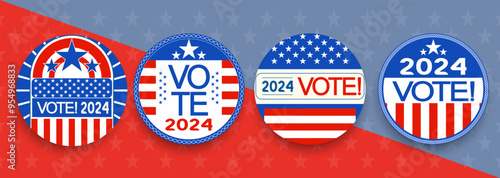 USA VOTE 2024 Presidential Election icon badge pin button set, midterm, House, Senate elections. American Election campaign style, Electoral symbols, United States of America USA Flag.