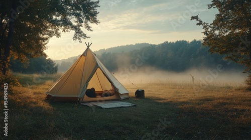 Simple family tent set up in a field, minimal morning light, large empty space surrounding the scene for copy, No logo, No Trademark, No text