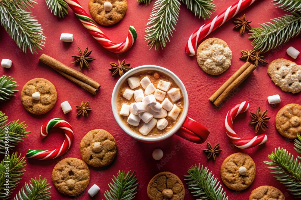 Flat lay of a cozy cup of hot chocolate topped with marshmallows Flat lay of a cozy cup of hot chocolate topped with marshmallows