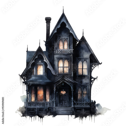 Watercolor illustration of an ominous gothic Victorian house with glowing windows