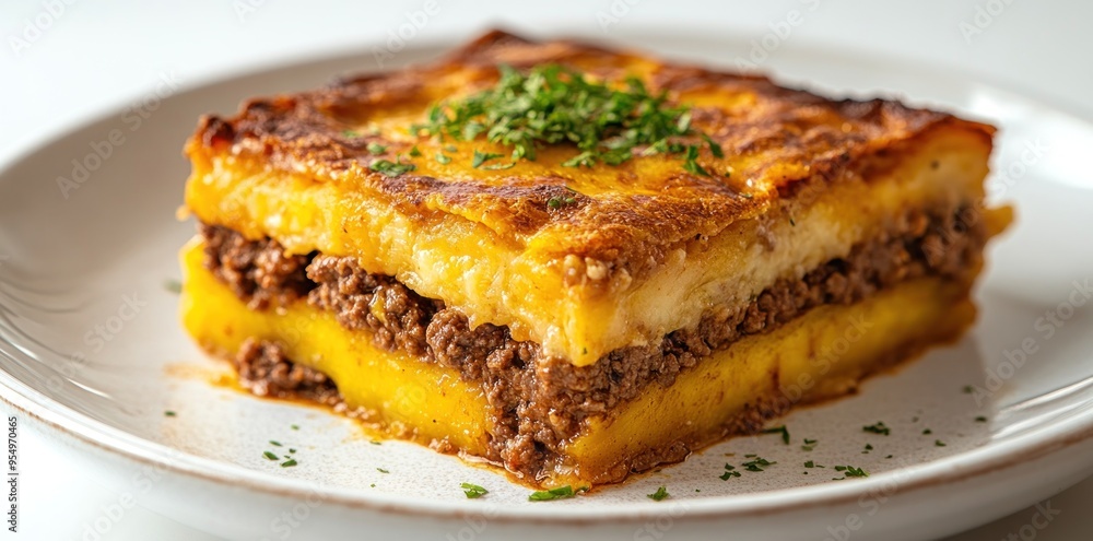 Close-up of a Slice of Creamy Ground Beef and Potato Casserole Topped with Parsley Close-up of a Slice of Creamy Ground Beef and Potato Casserole Topped with Parsley