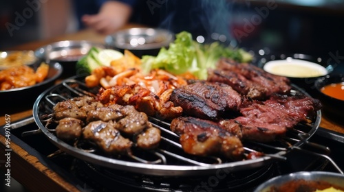 Korean bbq street food on grill close up. Neural network ai generated art