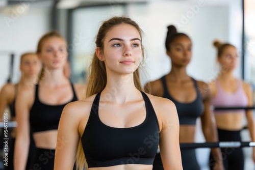 Women Engaging in a Dynamic Pilates Session: Emphasizing Strength, Focus, and Harmony in a Bright Studio Atmosphere