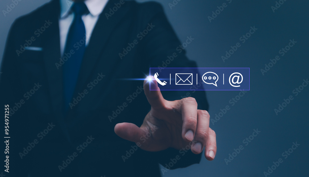 Contact us or Customer support hotline, Businessman touching on virtual screen contact icons (email, address, live chat, telephone). Customer service, helpdesk advice online support people connect. Contact us or Customer support hotline, Businessman touching on virtual screen contact icons (email, address, live chat, telephone). Customer service, helpdesk advice online support people connect.